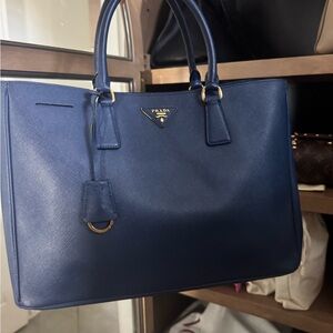 Prada Navy Saffiano Leather Tote with Gold Hardware
